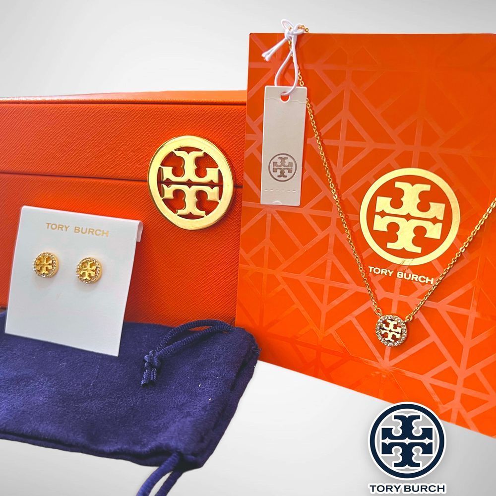 NWT Tory Burch Miller Pavé Logo Set - 18k Gold Plated Necklace & Earrings $196 - Picture 1 of 12